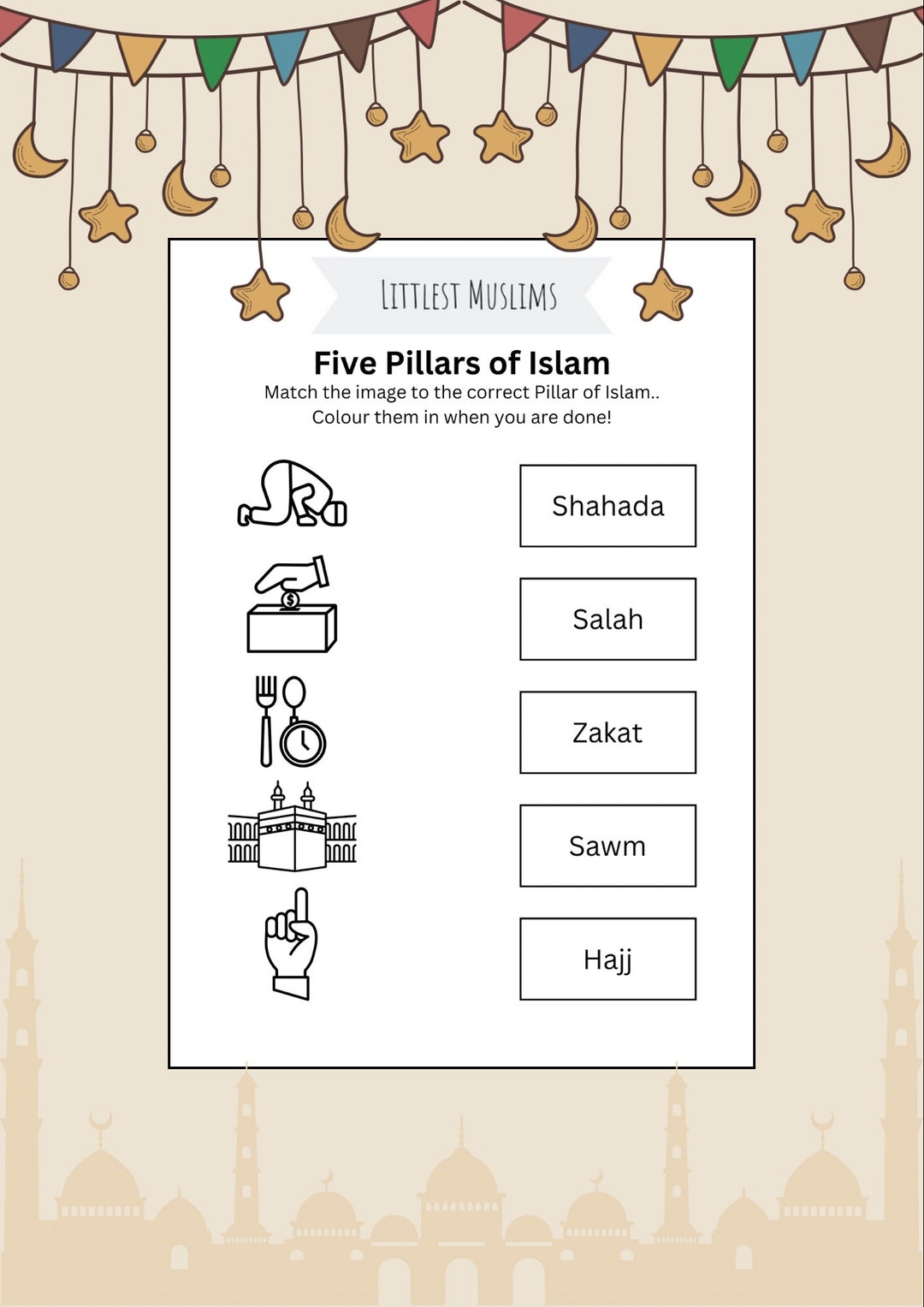 Five Pillars Of Islam Littlest Muslims Printable Matching Activity Sheet Etsy Denmark