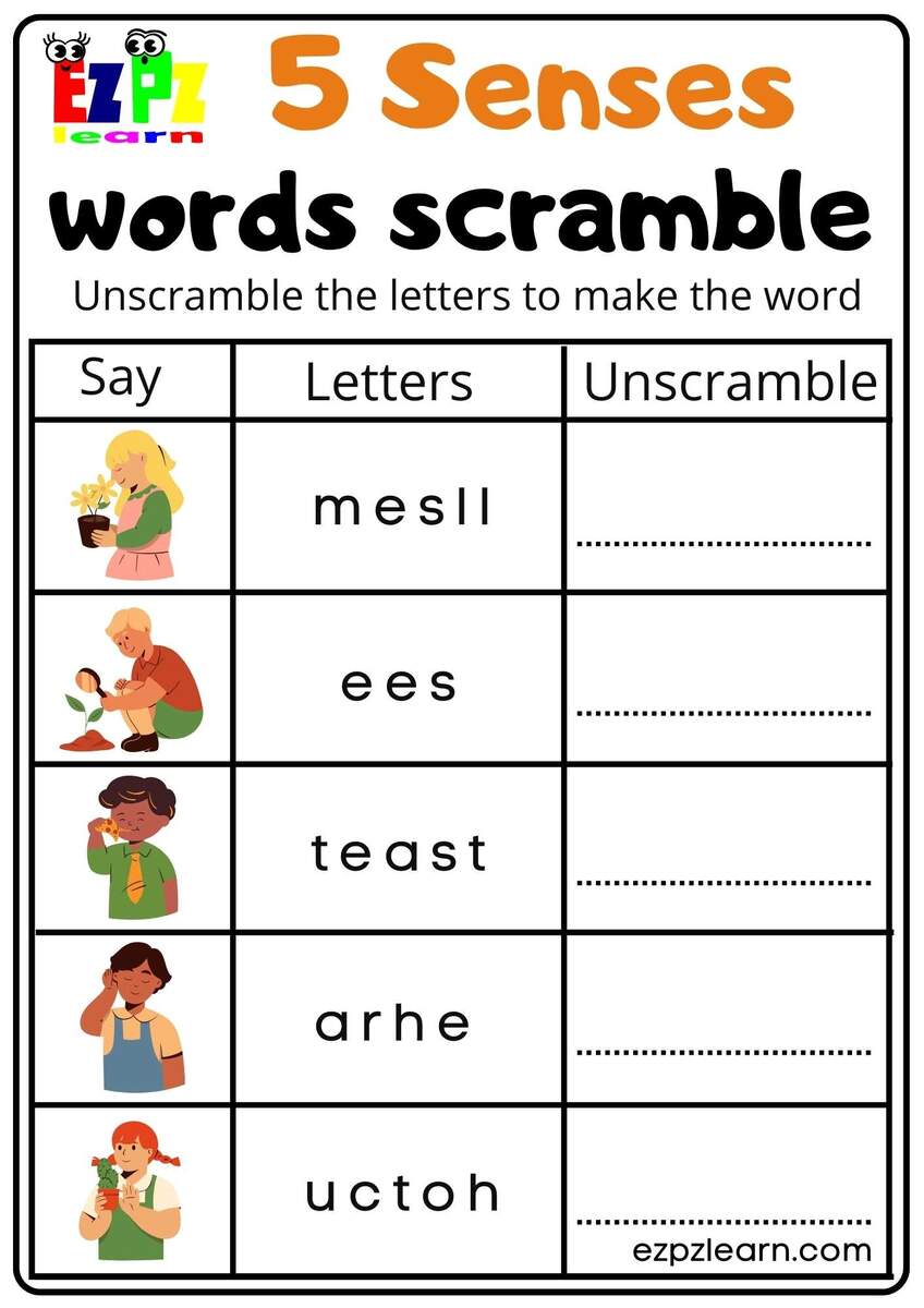 Five Senses Read Word Scramble Worksheet For Kindergarten And ESL Students Free Download Ezpzlearn Five Senses Read Word Scramble Worksheet For Kindergarten And ESL Students Free Download Ezpzlearn