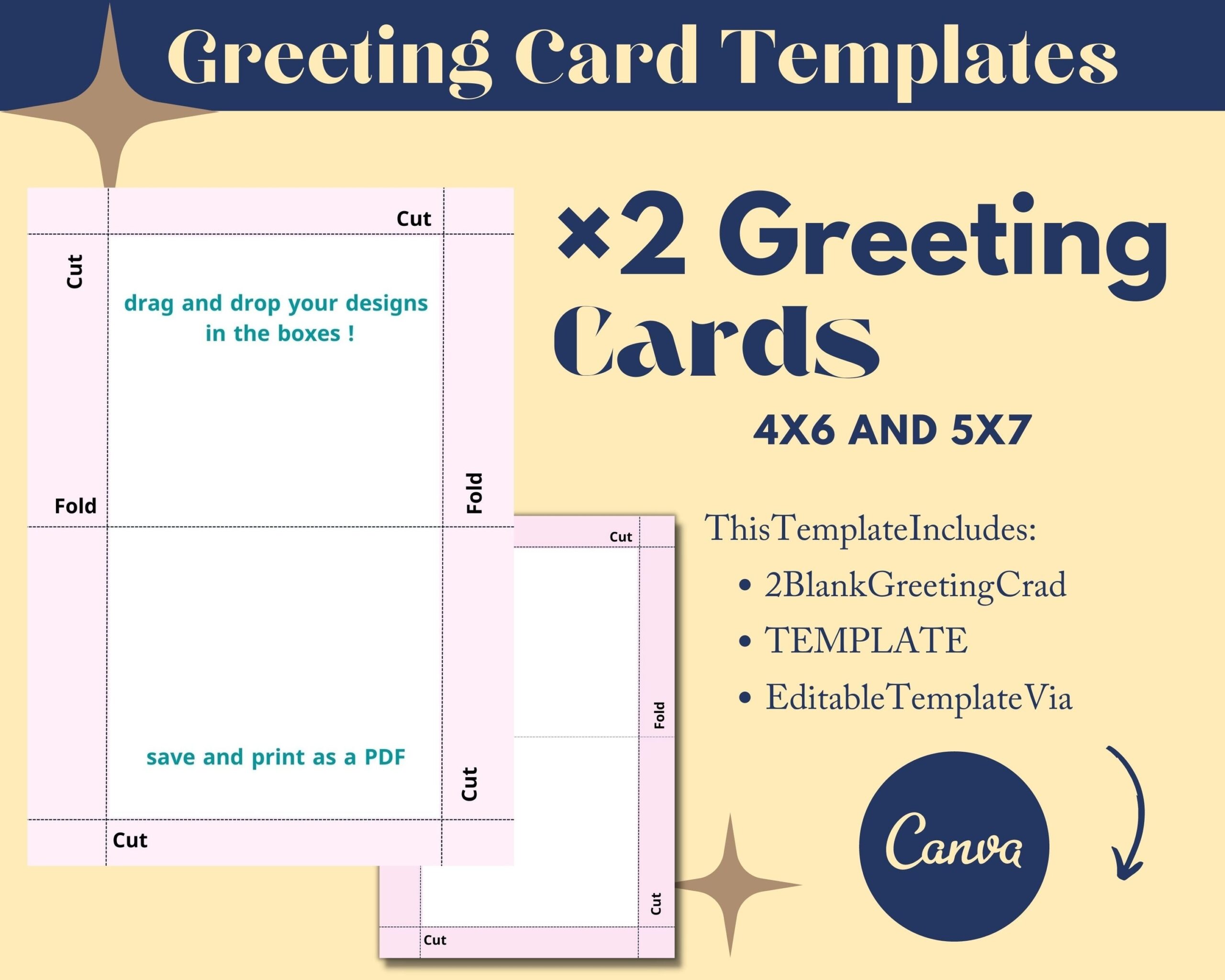 Foldable Greeting Card Templates 4x6 5x7 Canva Digital Download Etsy 24 Free Printable Thank You Cards Lamberts Lately