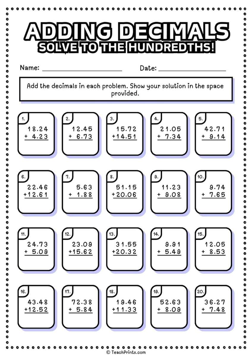Free Adding Decimals Worksheets Teach Prints Decimal Subtraction Worksheets