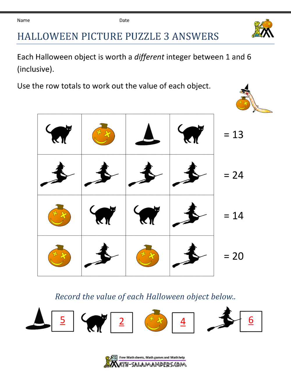 Free Halloween Math Worksheets