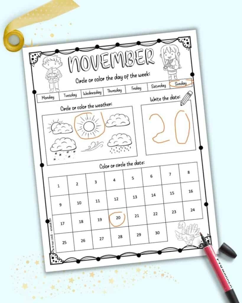Free Printable November Calendar Worksheet For Kids The Artisan Life