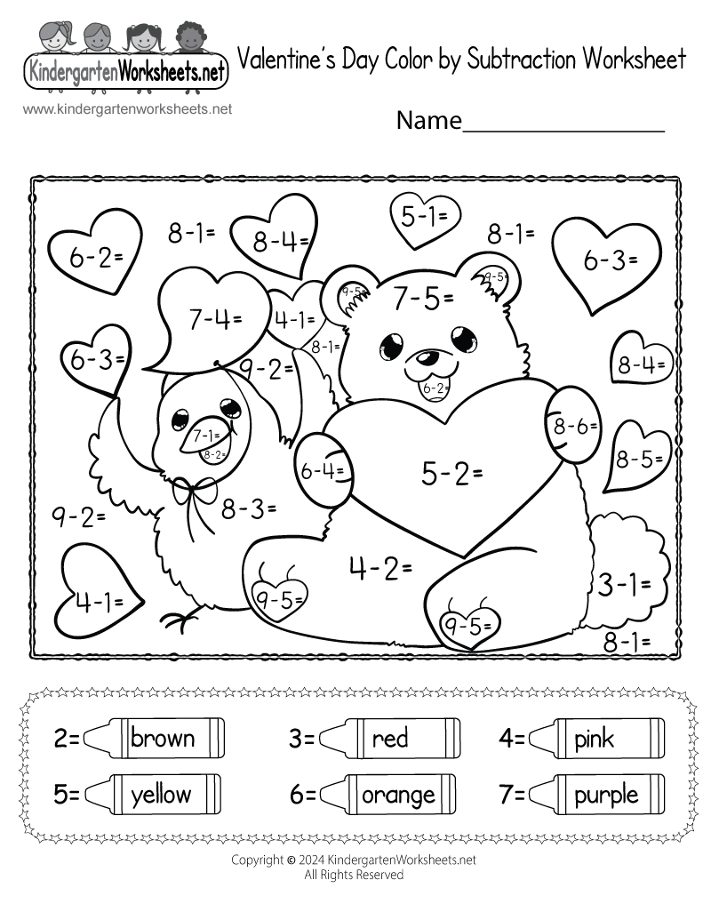 Free Printable Valentine S Day Color By Subtraction Worksheet Valentine S Day Kindergarten And 1st Grade Math Writing Center Worksheets Activities Made By Teachers
