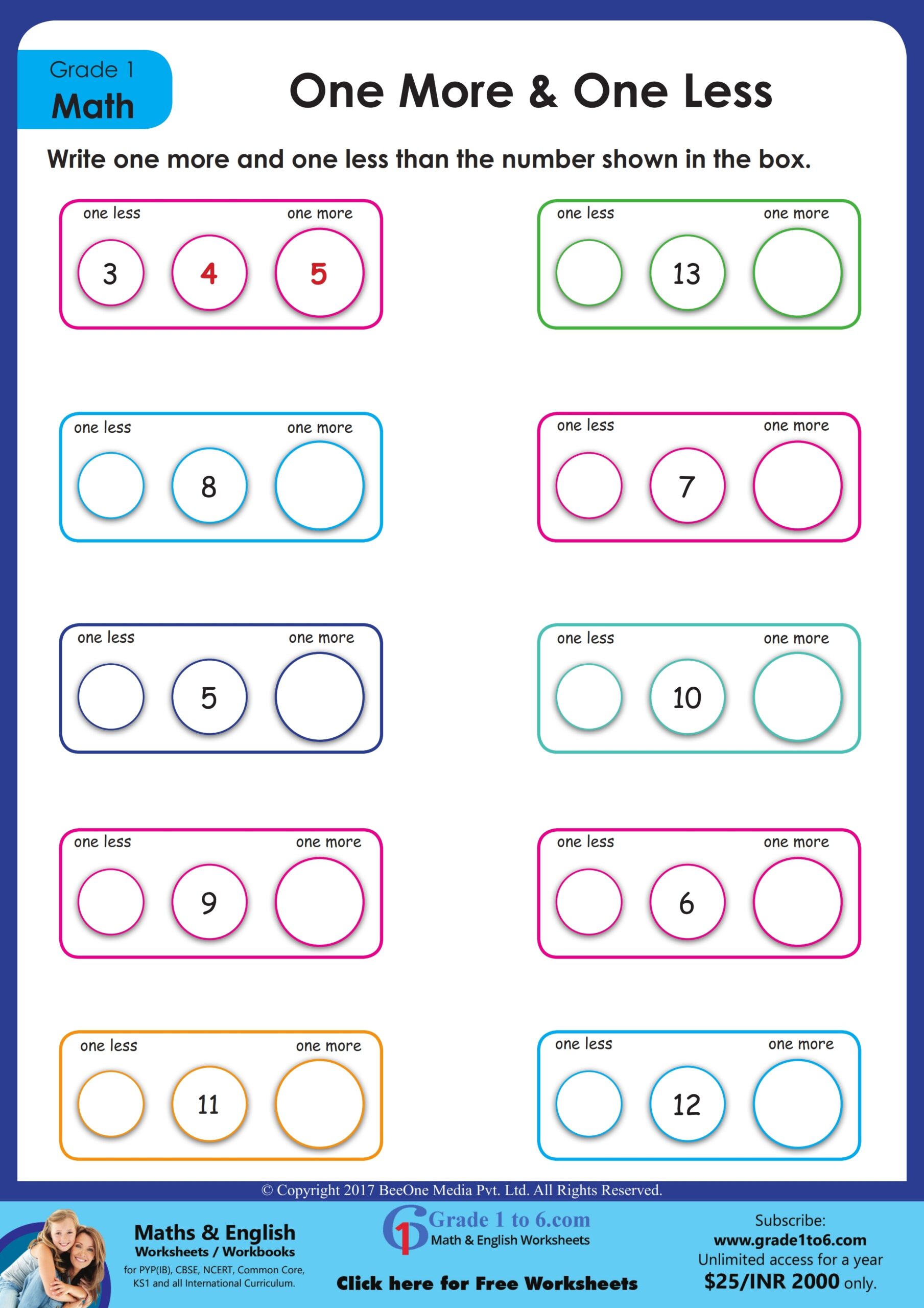 Grade 1 Worksheets One More Or One Less Grade 1 Worksheets One More Or One Less