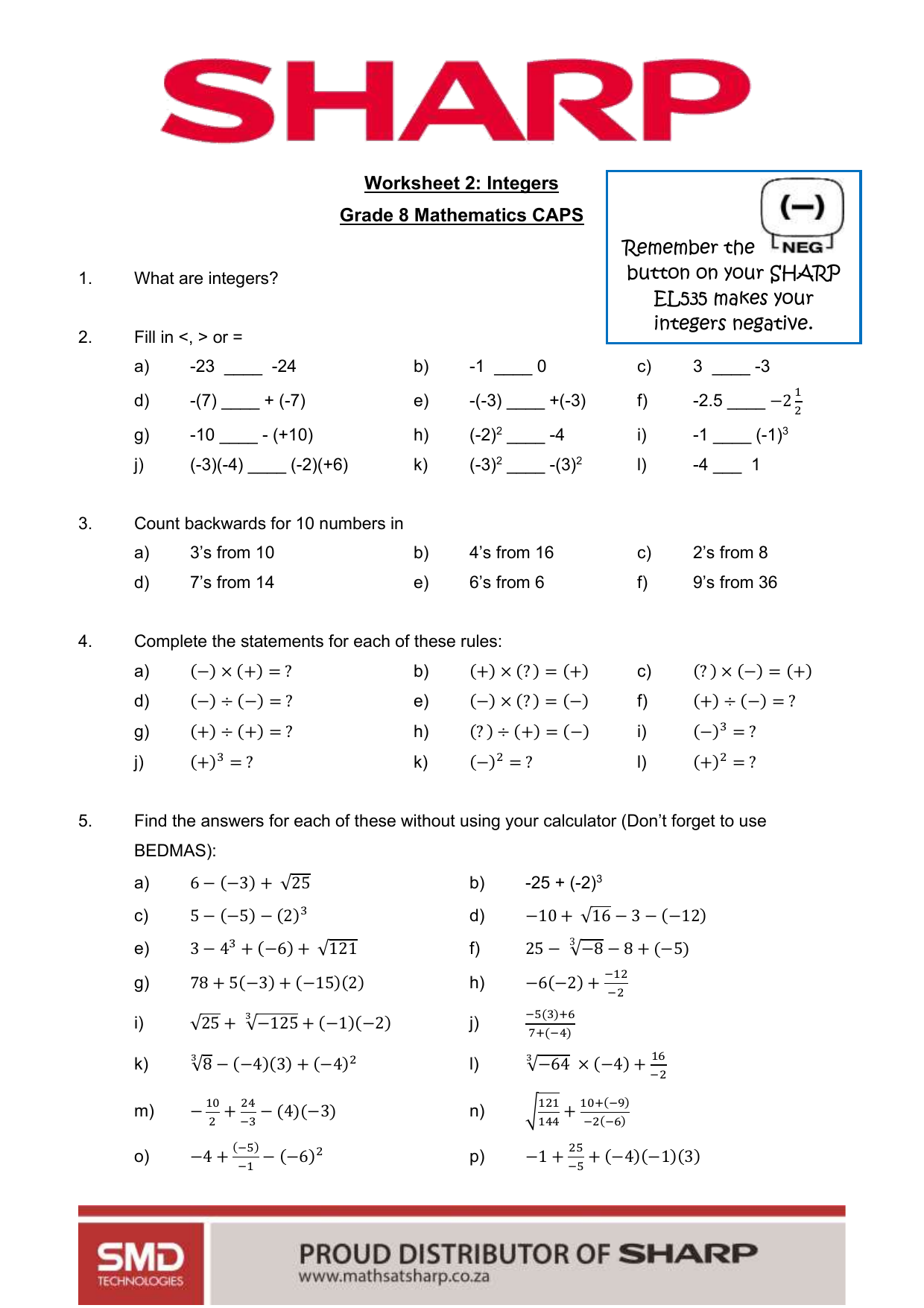 Grade 8 Math Integers Worksheet