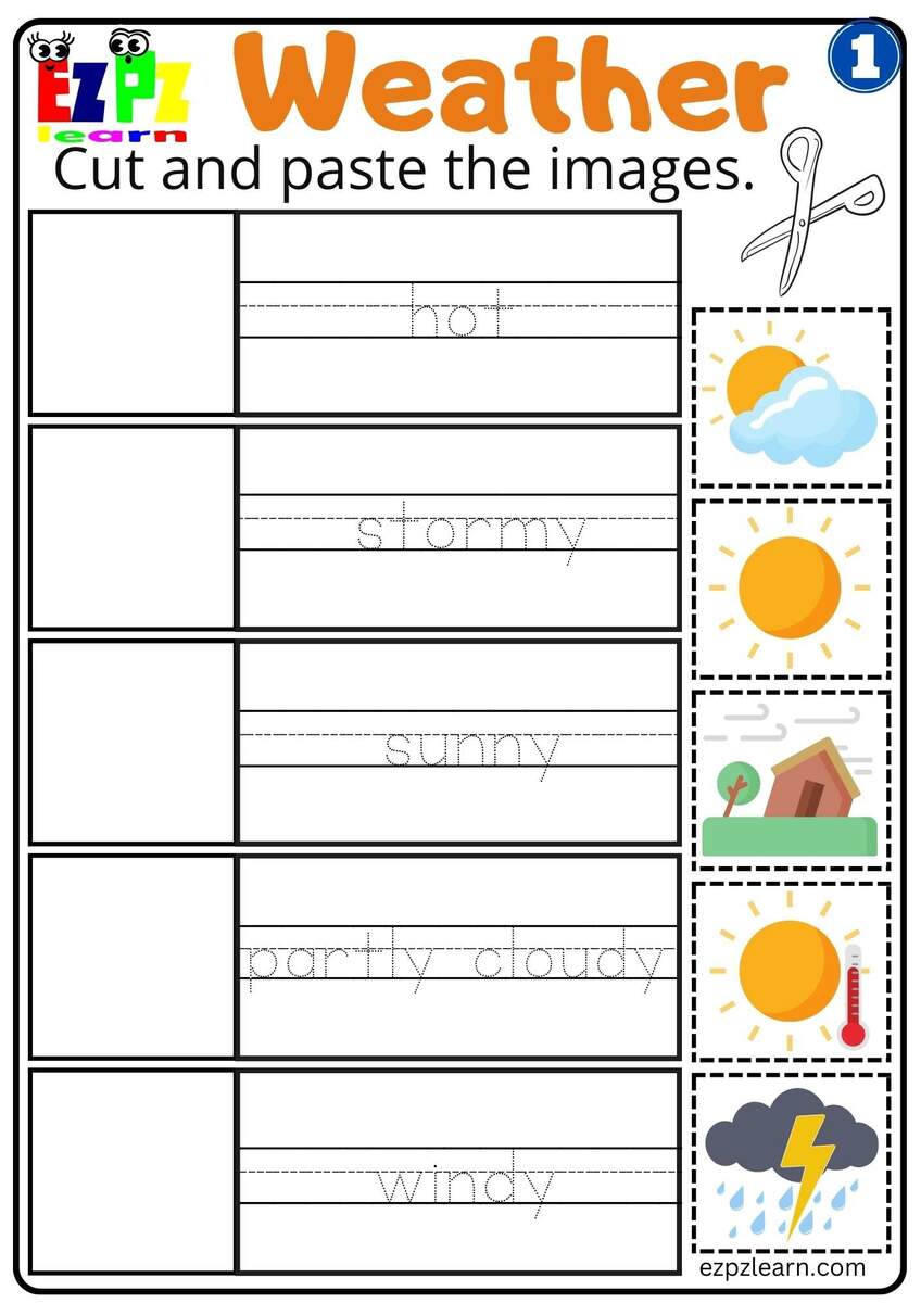 Group 1 Weather Vocabulary Cut And Paste Easy Worksheet For Kids Free PDF Download Ezpzlearn Cut Weather Pictures And Paste Them Into Right Boxes Worksheet For Kids Stock Vector Illustration Of Cards Kawaii 247108900