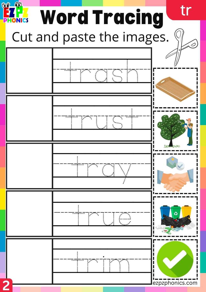 Group2 TR Words Cut And Paste The Images Phonics Consonant Blends Worksheet Ezpzphonics Download Consonant Blends Br Cr Dr Fr Gr Pr Tr Worksheets For Free Vikramlearning