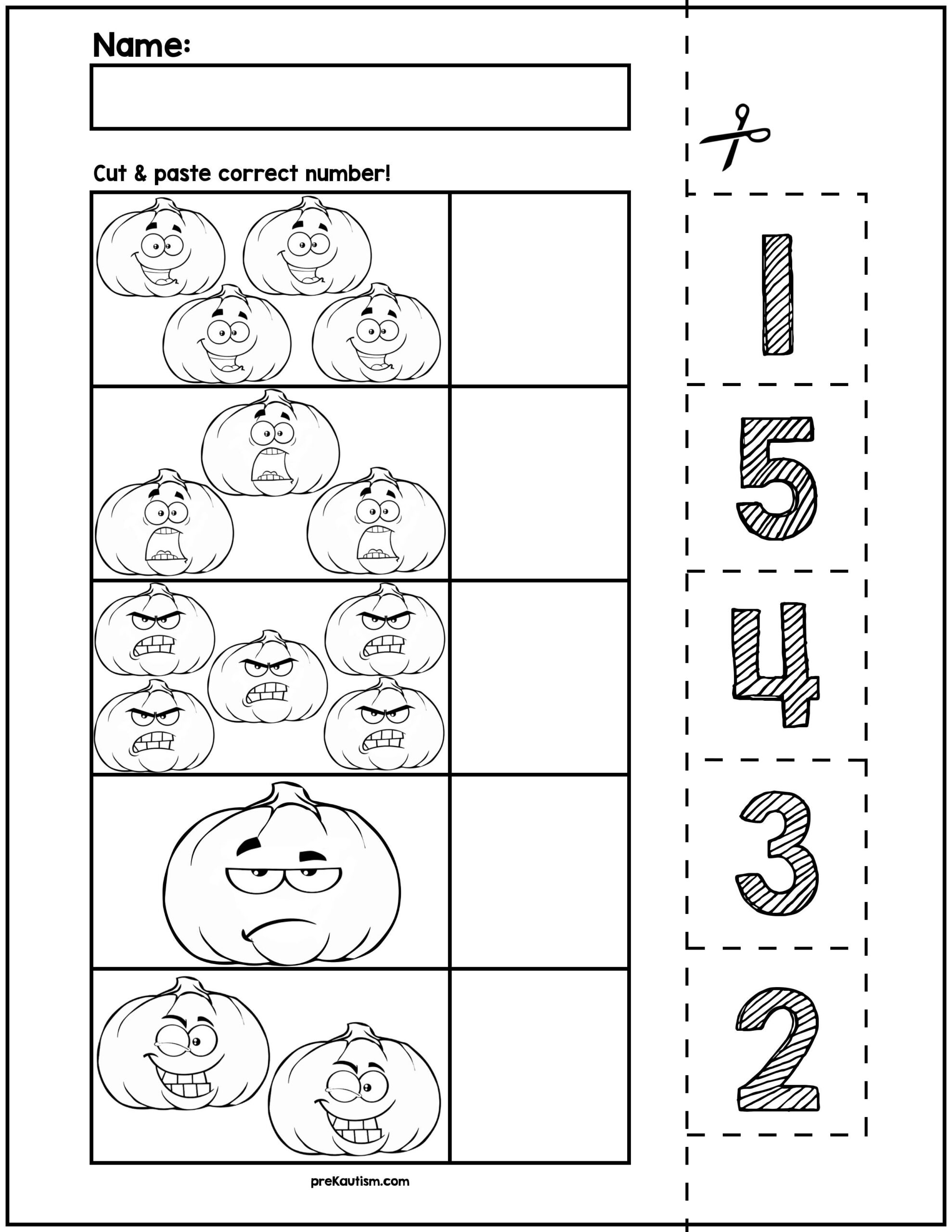 Halloween Pumpkins Cut Match Worksheets Numbers 1 5 By PreKautism