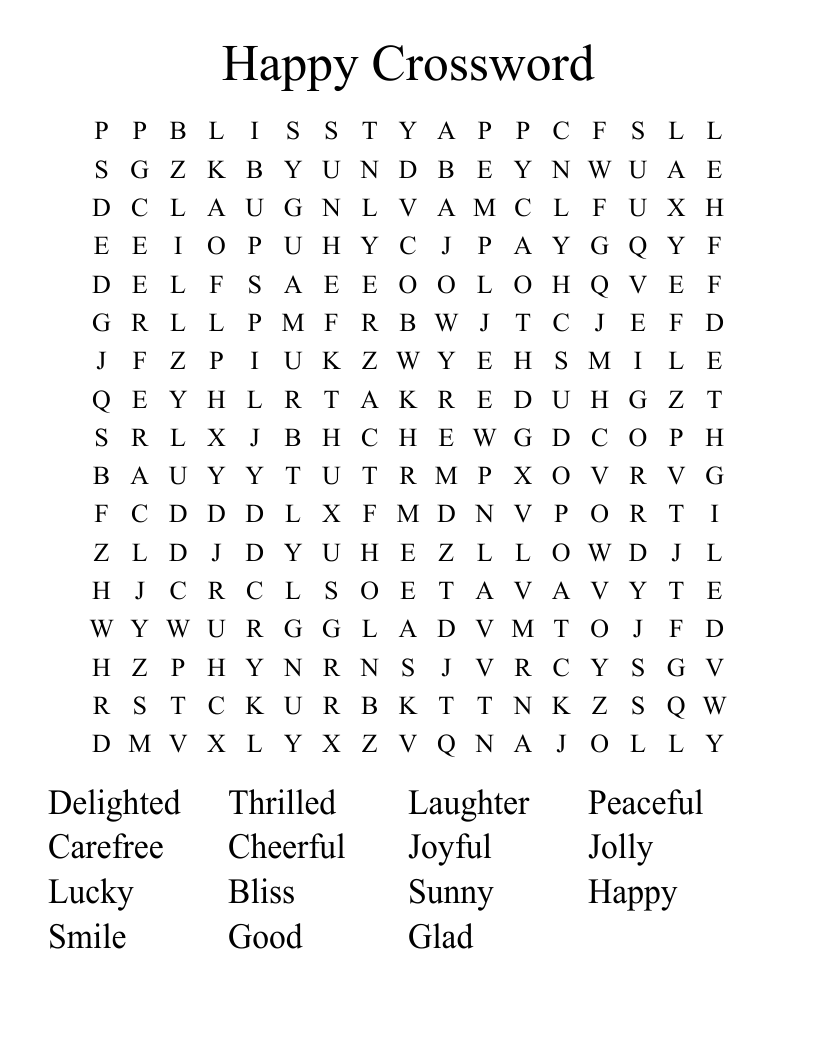 Happy Crossword Word Search WordMint HAPPY THOUGHTS Crossword WordMint