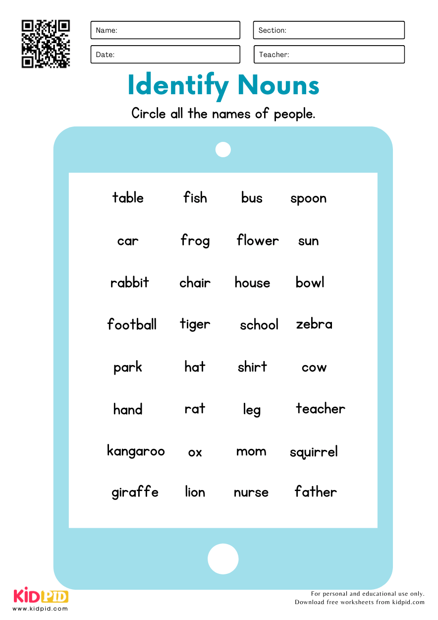 Identify Nouns English Worksheet Kidpid
