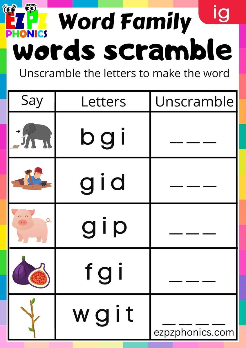 IG Words Words Scramble Phonics Word Families Worksheet Ezpzphonics