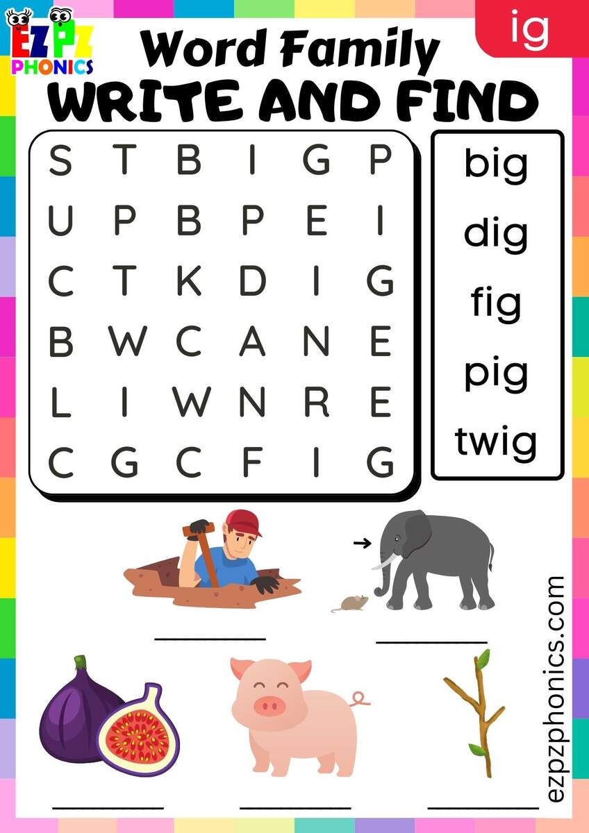 IG Words Write And Find Phonics Word Families Worksheet Ezpzphonics