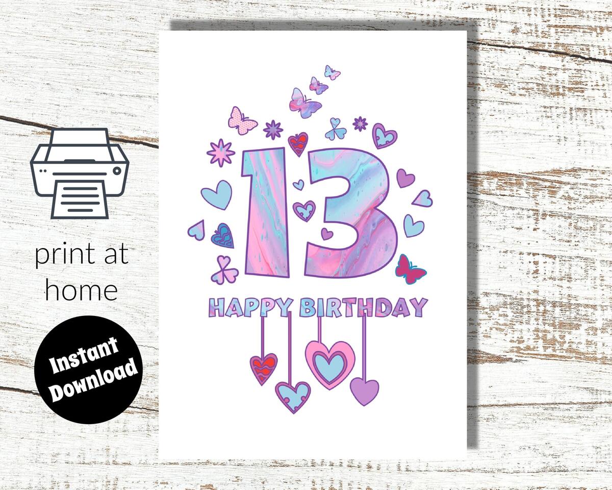 Instant Download And Print At Home Pink Birthday Card Teenager 13 Years Old Etsy Instant Download And Print At Home Pink Birthday Card Teenager 13 Years Old Etsy