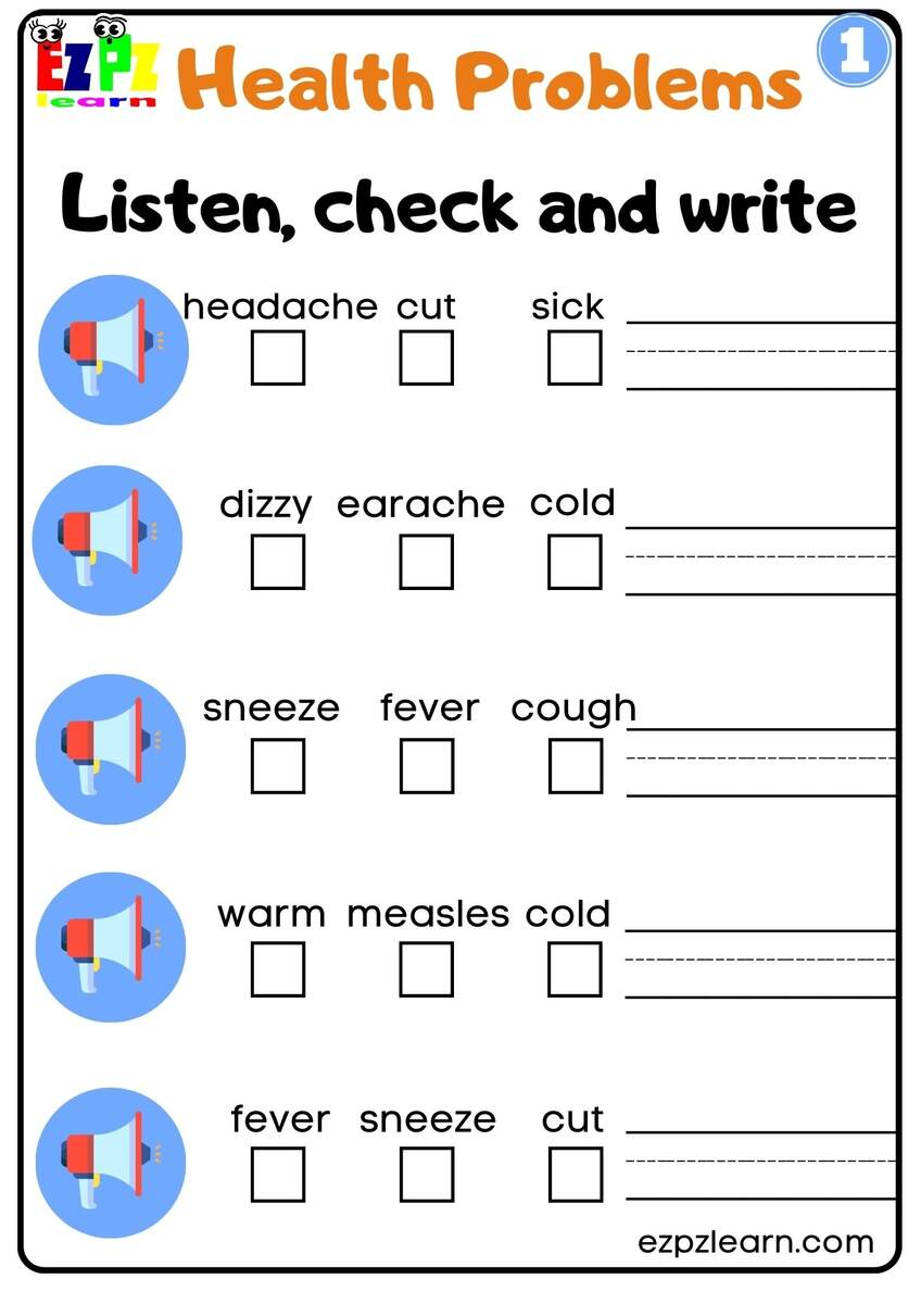 Interactive Health Problems Worksheet Listen Check And Write The Words Activity For K5 And ESL Students G1 Ezpzlearn