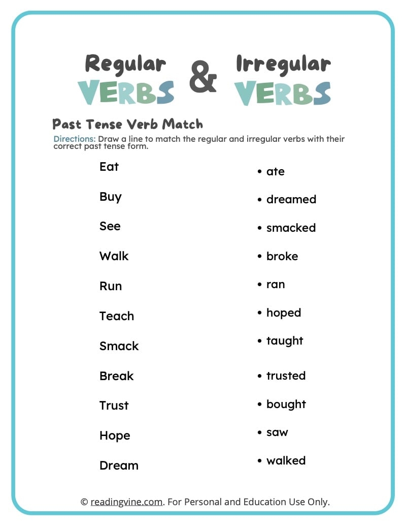 Irregular Past Tense Verbs Worksheets ReadingVine