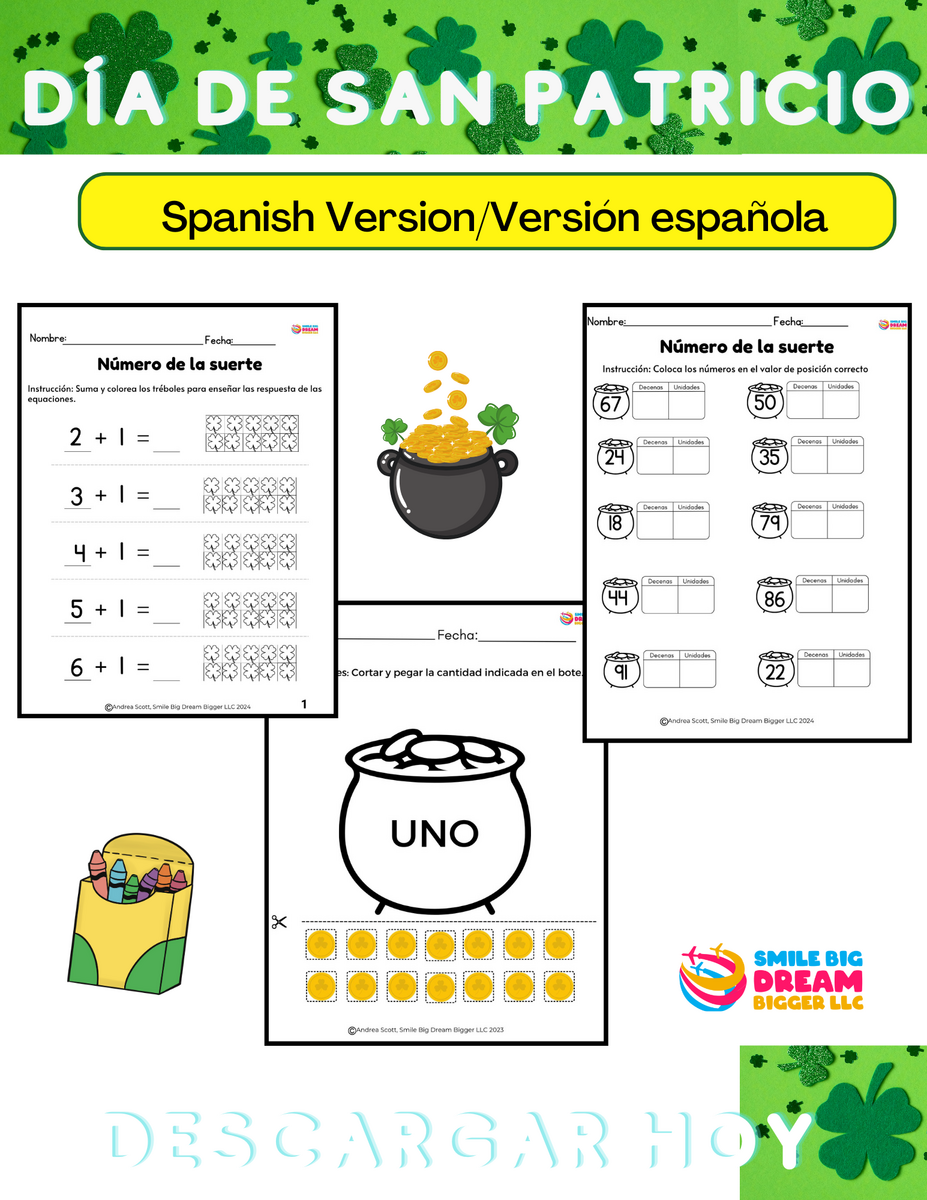 K 2 Grade St Patrick S Day Spanish Math Activity Place Value Add Subtract Cut Paste Made By Teachers