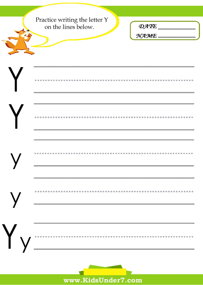Kids Under 7 Letter Y Practice Writing Worksheet Reading Comprehension Worksheets Writing With Y
