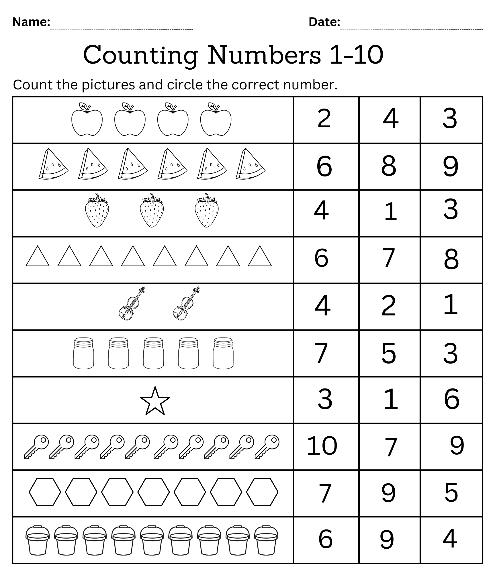 Kindergarten Math Counting Objects Worksheets 1 10 Black And White Made By Teachers Count The Objects And Circle The Numbers 1 To 10