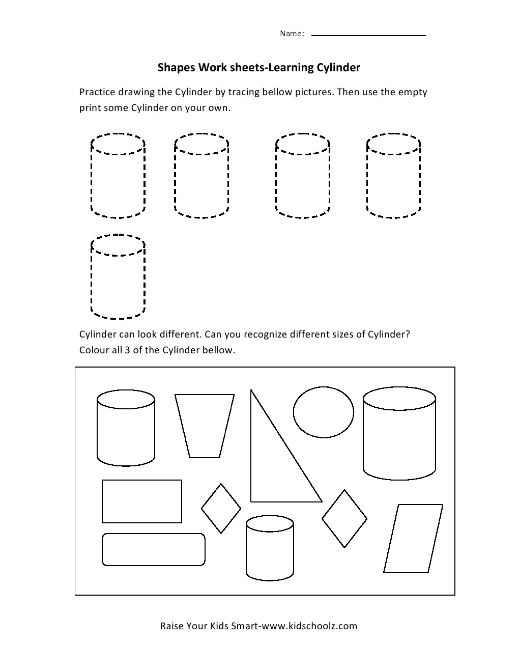 Learning Shapes Worksheets Cylinder Kidschoolz