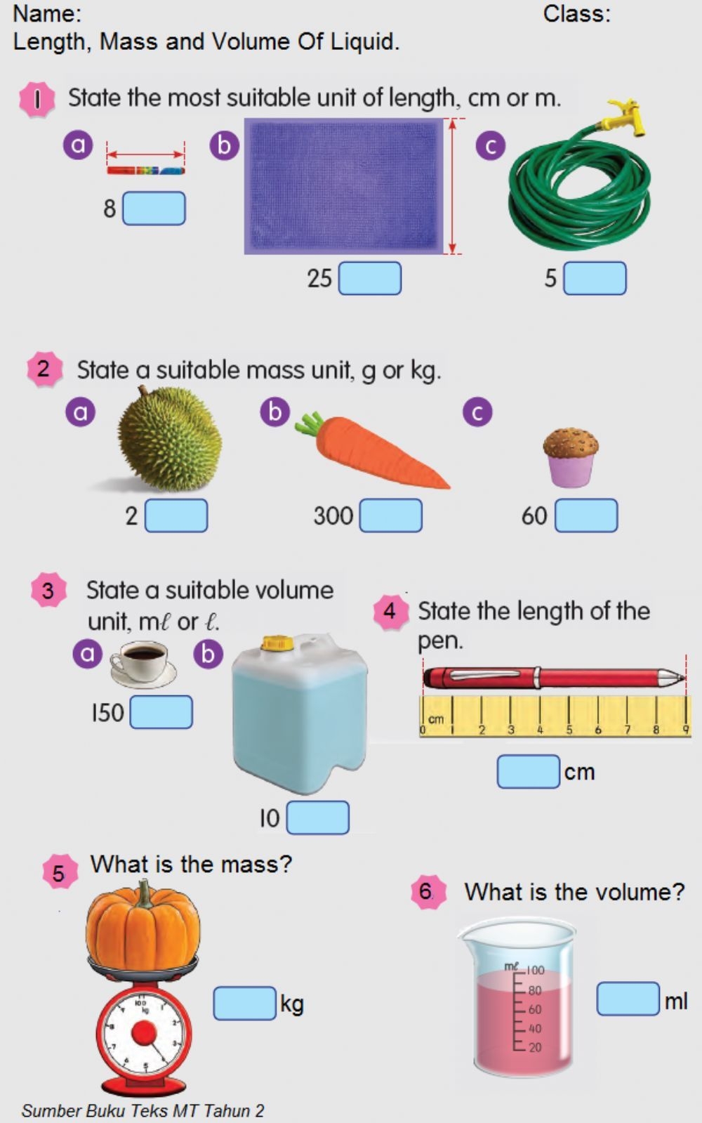 Length Mass And Volume Of Liquid Yr 2 Worksheet