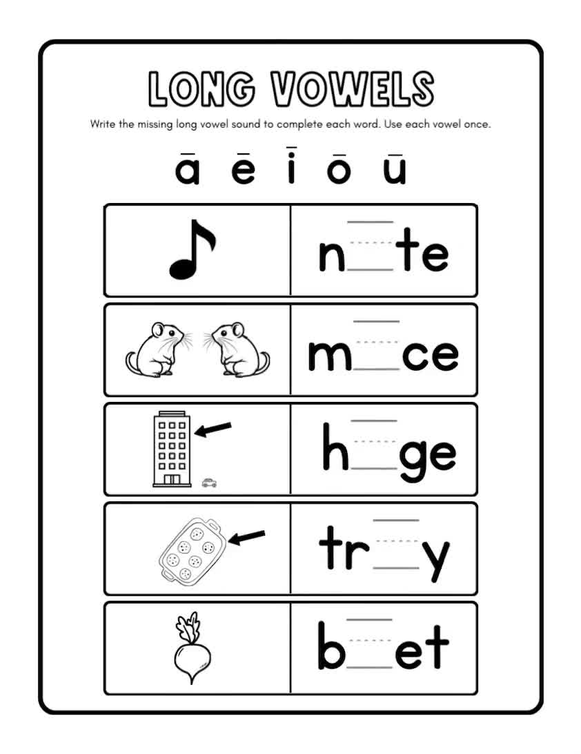 Long Vowels Vowel Worksheets Missing Vowels Vowel Sounds Kindergarten Reading Preschool First Grade Long Vowel Sounds Long Vowel Etsy