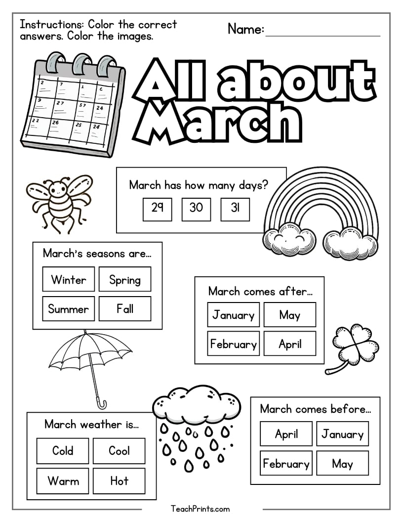 March Worksheets 8 Free PDF Printables Teach Prints March Activity Packet St Patrick S Day Kindergarten Activities For Early Finishers Miss Kindergarten