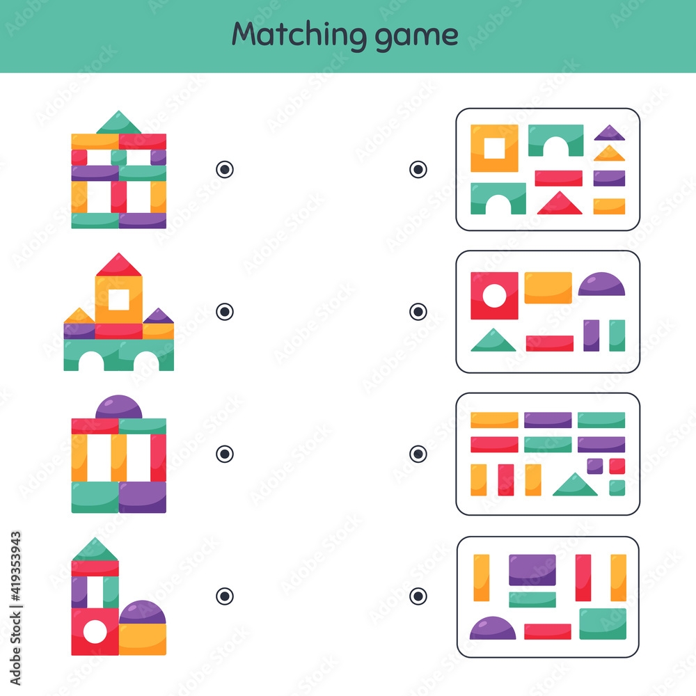 Matching Game Building Blocks For Kids Worksheet For Kids Kindergarten Preschool And School Age Stock Vector Adobe Stock