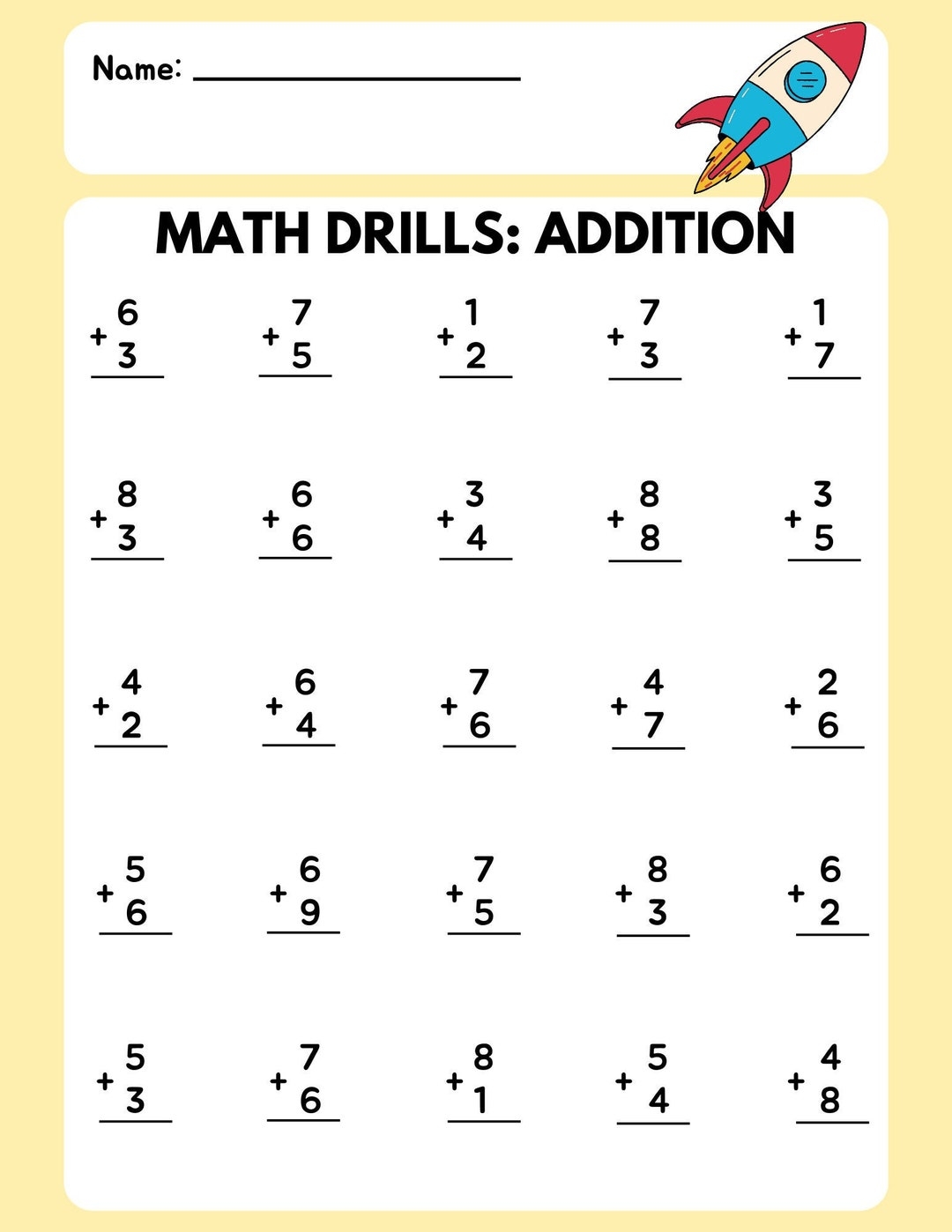 Math Drill Addition Worksheet 3 Etsy Norway Math Drill Addition Worksheet 3 Etsy Norway
