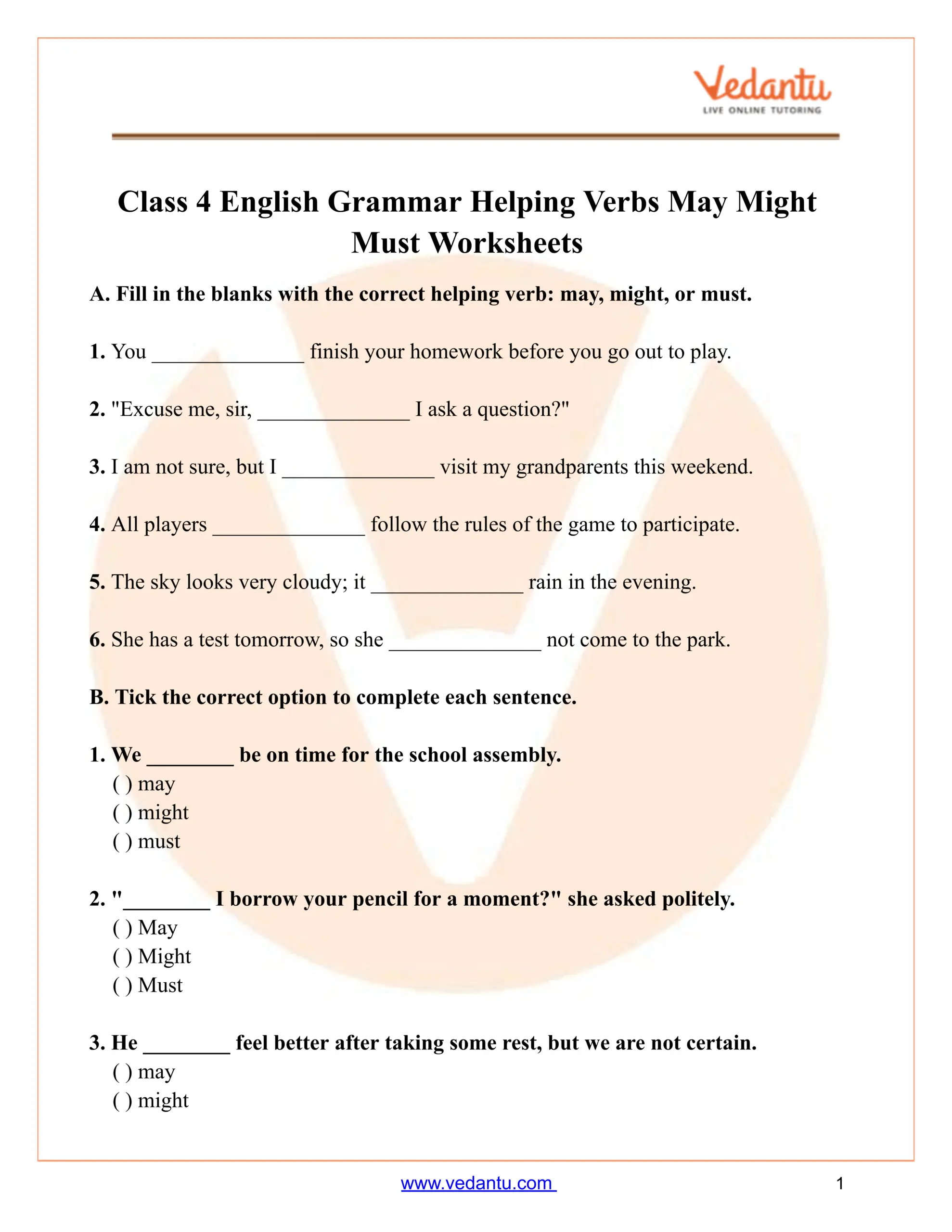 May Might Must Worksheet For Class 4 English Grammar PDF