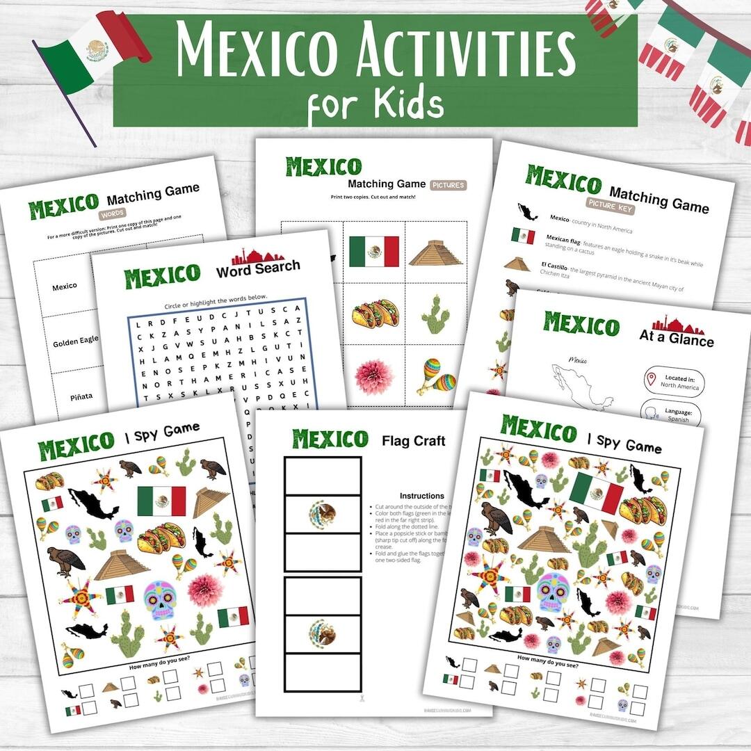 Mexico Activity Printables For Kids Cultural Around The World Learning Unit Mexico I Spy Matching Game Worksheets Mexican Flag Craft Etsy
