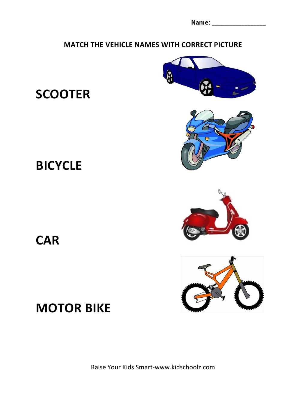 Picture To Name Matching Worksheets Vehicles Kidschoolz