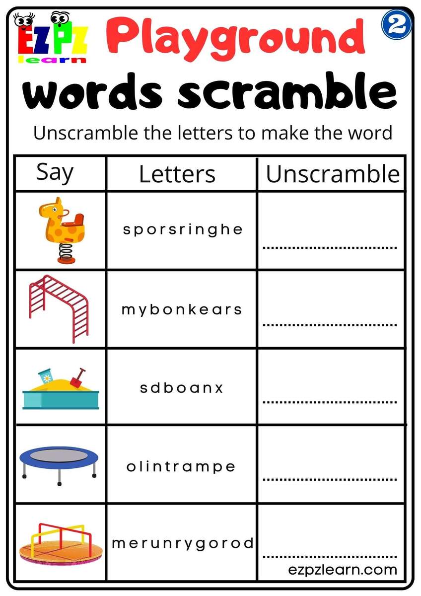 Playground Vocabulary 2 Word Scramble Worksheet For Kindergarten And ESL Students Free Download Ezpzlearn Kindergarten Word Scramble Worksheets Printable