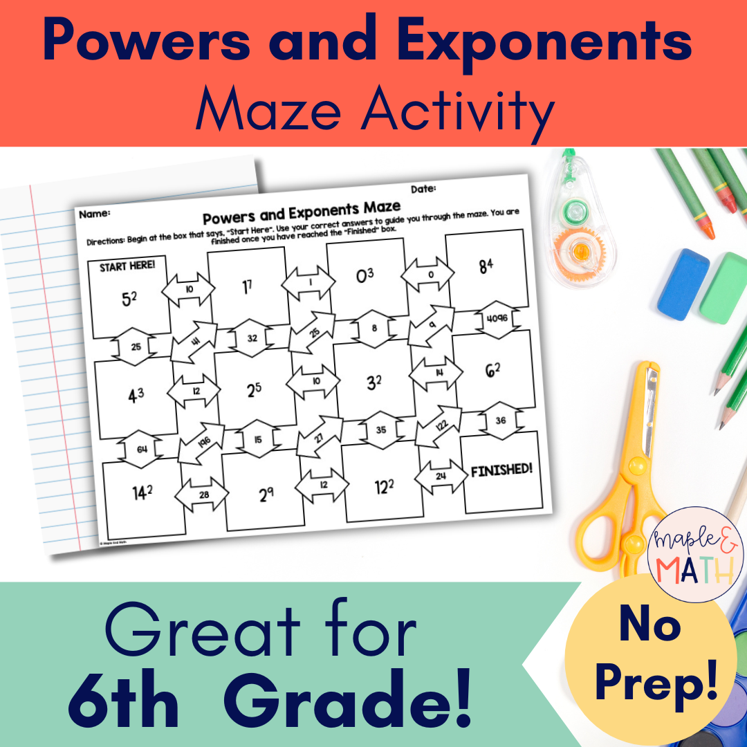 Powers And Exponents Printable Maze Activity Worksheet 6th Grade Classful Laws Of Exponents Math Trail Puzzle Funrithmetic
