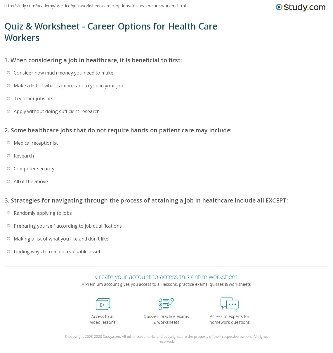 Quiz Worksheet Career Options For Health Care Workers Study