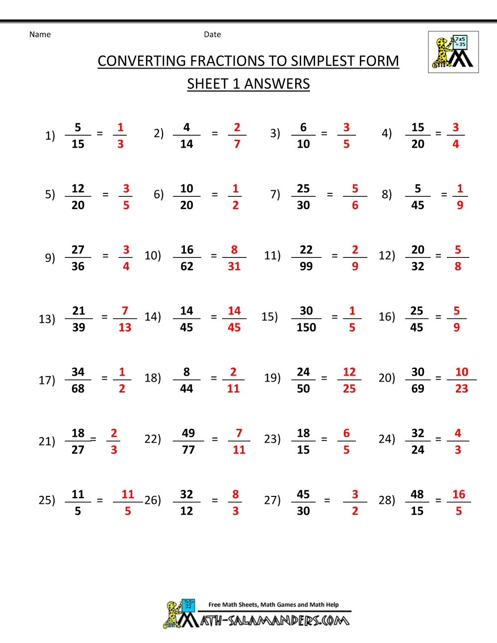 Simplest Form Worksheets 5th Grade Fractions Worksheets Worksheets Library