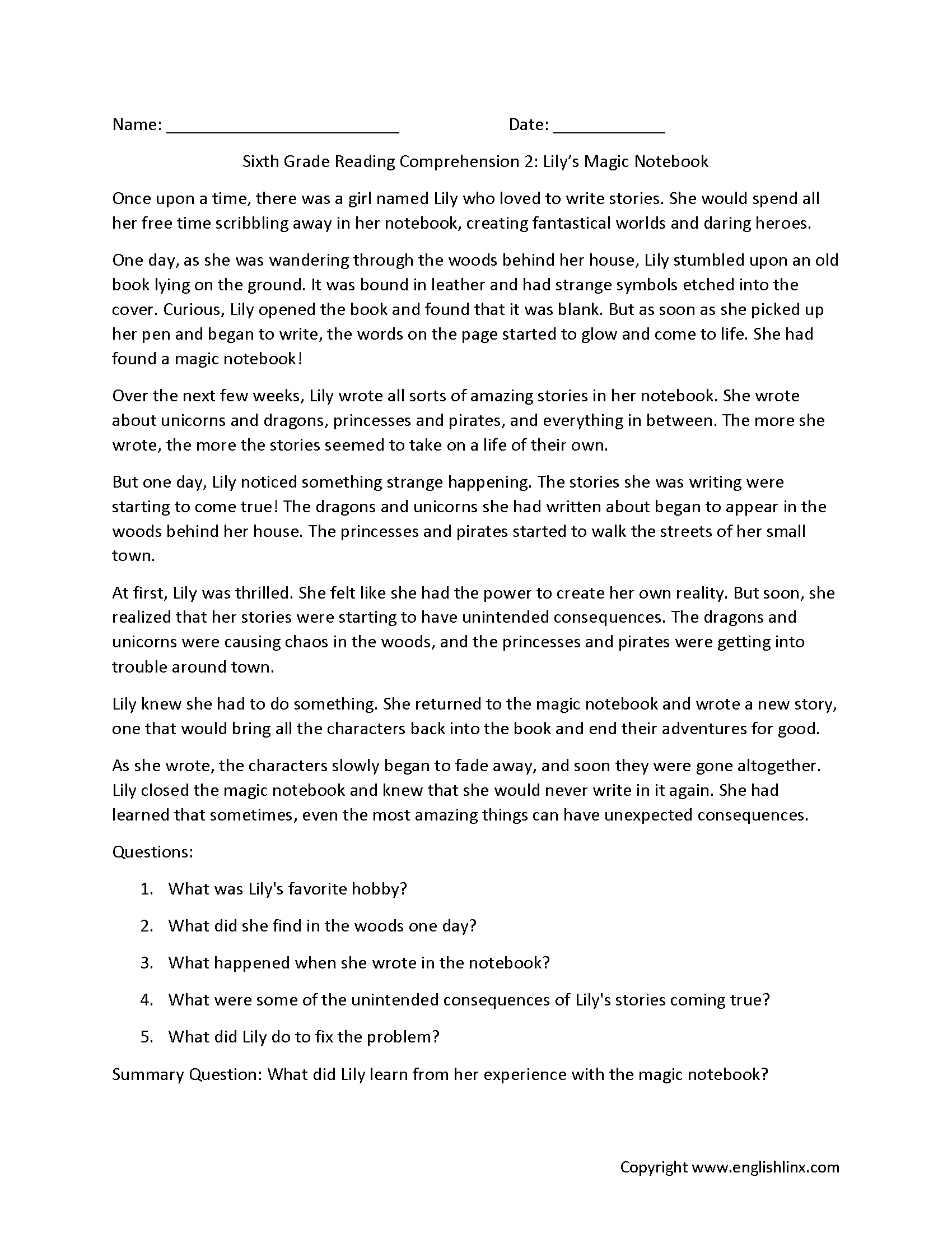 Sixth Grade Reading Comprehension Worksheets Free Printable 6th Grade Reading Passages Reading Worksheets Printable Reading Comprehension Fluency Practice