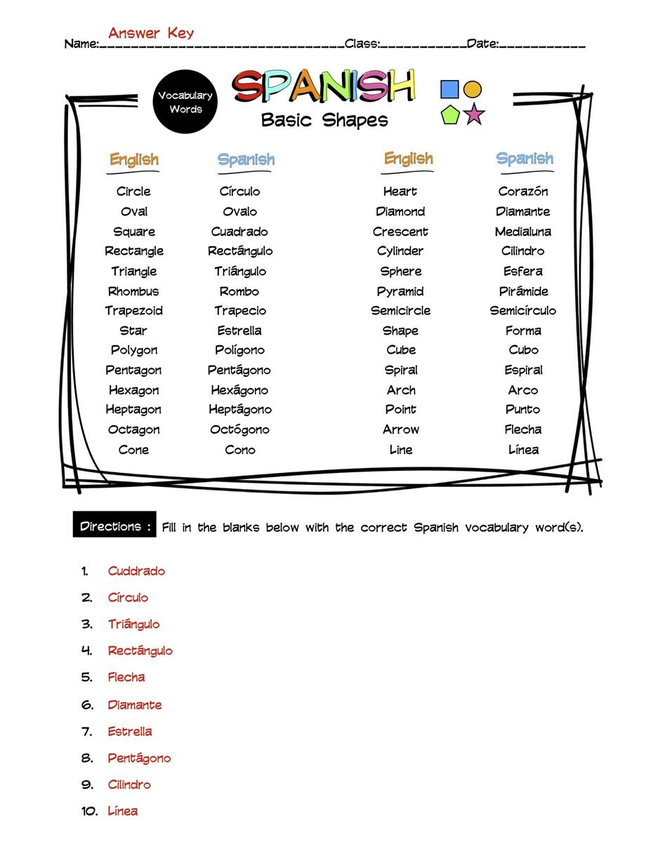 Spanish Basic Shapes Vocabulary Word List Worksheet Answer Key Made By Teachers Spanish Basic Colors Vocabulary Word List Column Worksheet Made By Teachers
