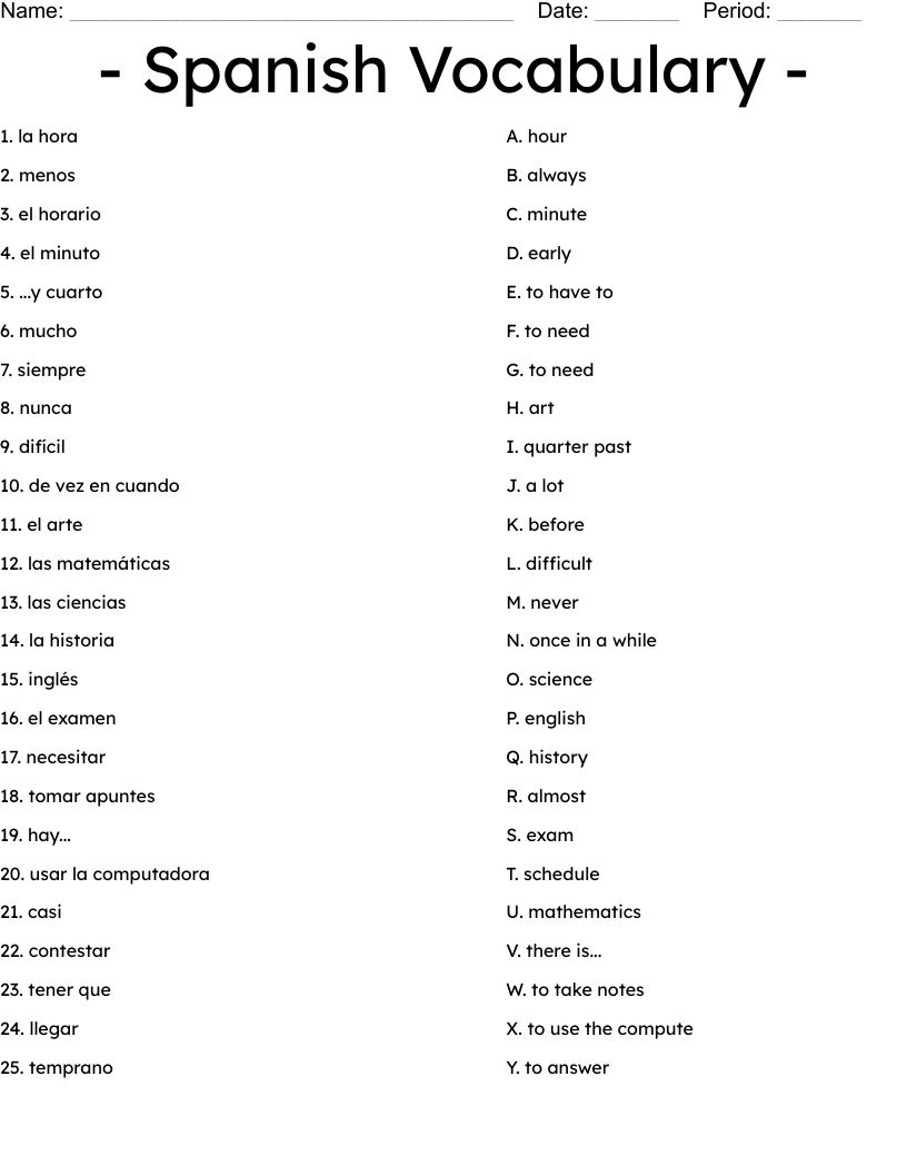 Spanish Vocabulary Worksheet WordMint Spanish Vocabulary Worksheet WordMint