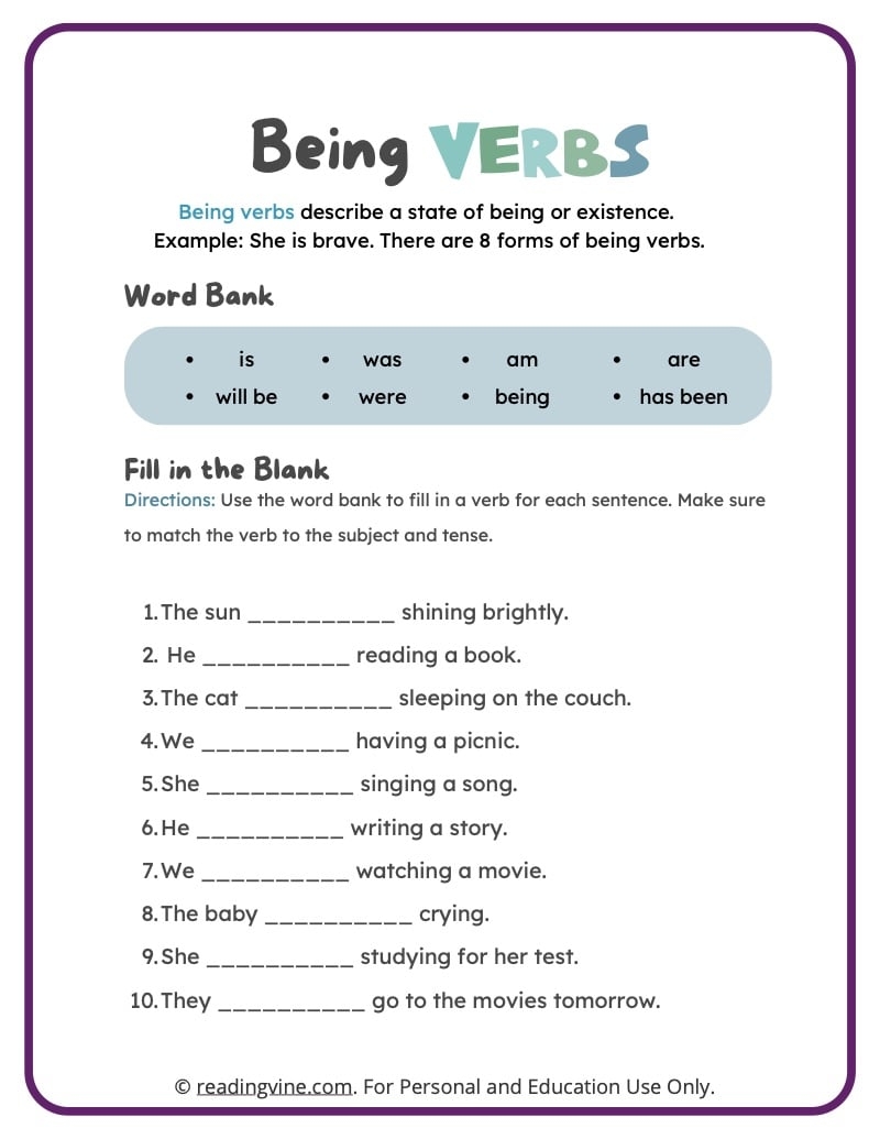 State Of Being Verbs Worksheets To Be Verbs Activities