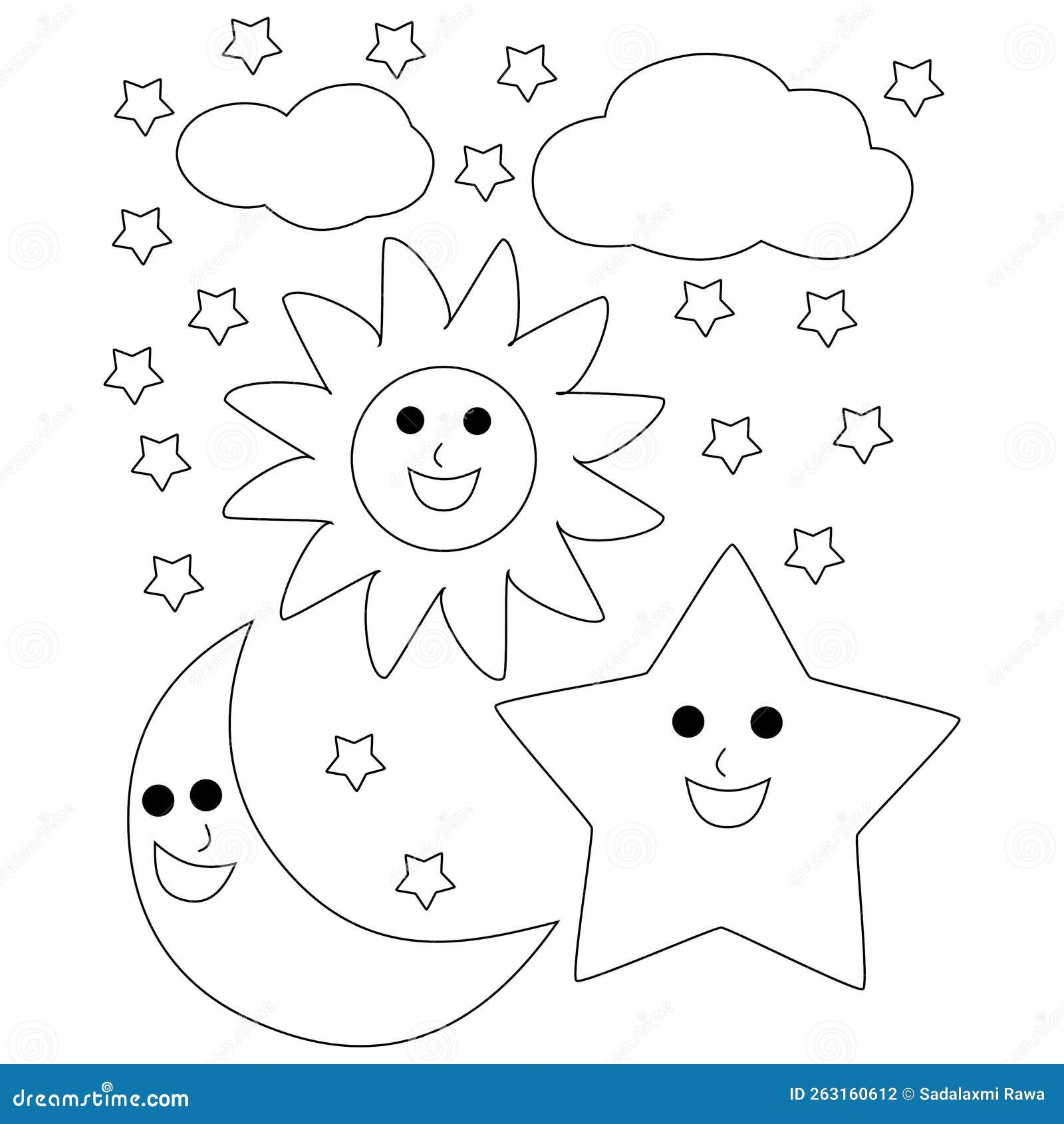 Sun Moon And Stars With Clouds Coloring Page Stock Photo Illustration Of Pages Star 263160612 Sun Moon And Stars With Clouds Coloring Page Stock Photo Illustration Of Pages Star 263160612