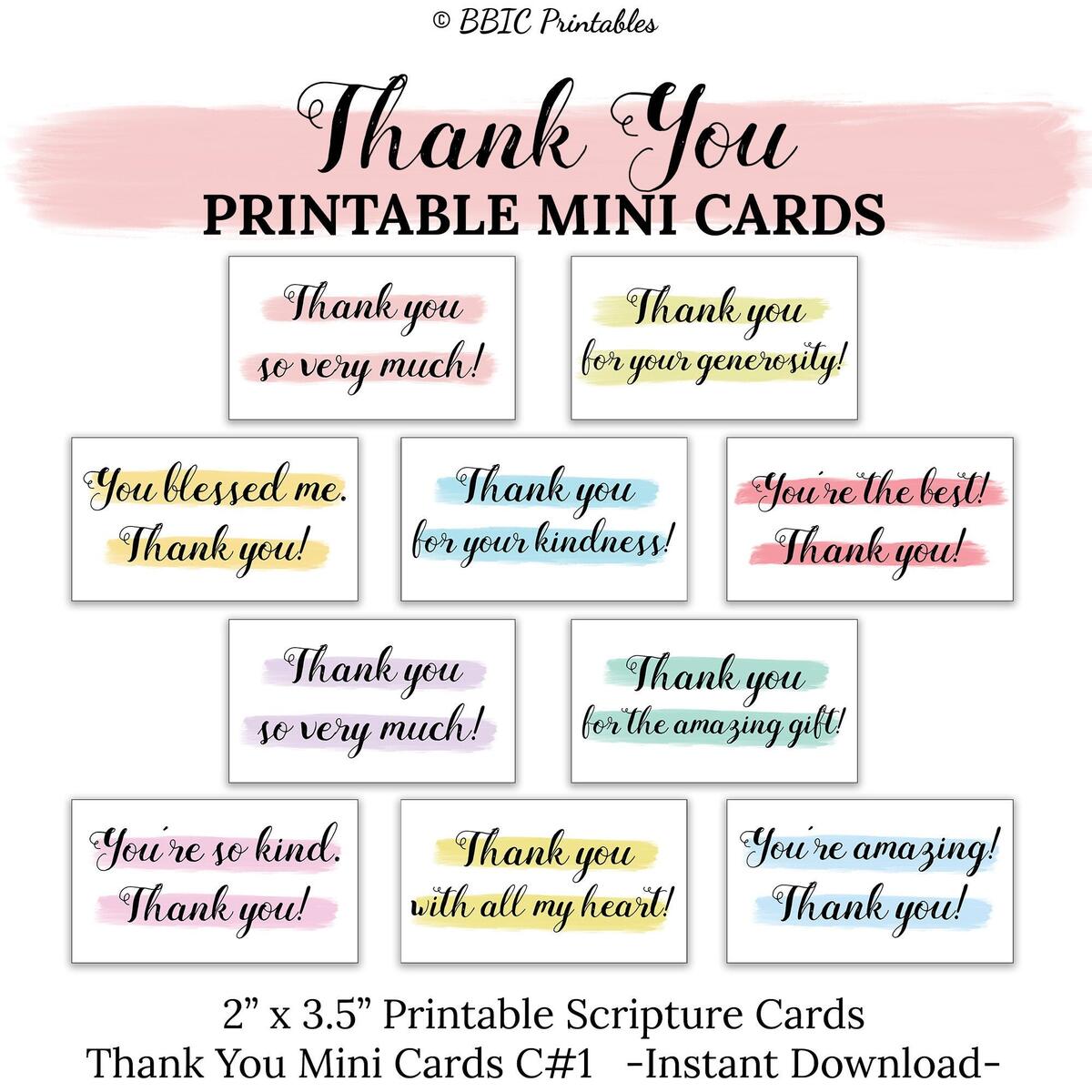 Thank You Printable Mini Cards C1 INSTANT DOWNLOAD Watercolor Thank You Appreciation Mini Printable Digital 2x3 5 Business Card Size Etsy