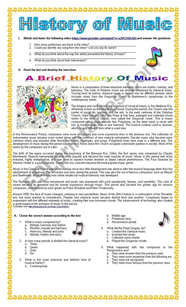 The History Of Music ESL Worksheet By Dianac4 Worksheets Library