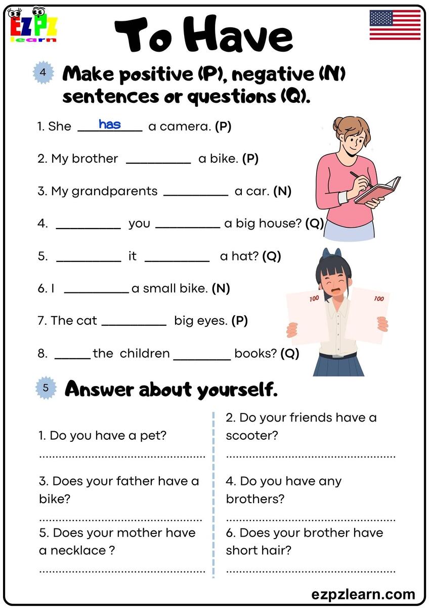 The Verb To Have Make Positive Or Negative Sentences Then Answer The Questions Grammar Worksheet Pdf Ezpzlearn The Verb To Have Make Positive Or Negative Sentences Then Answer The Questions Grammar Worksheet Pdf Ezpzlearn