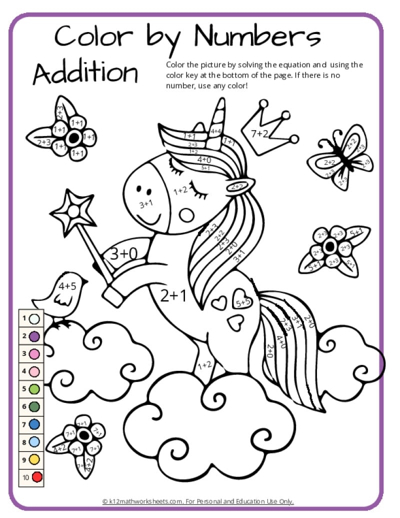 Unicorn Color By Number Pages K12 Math Worksheets