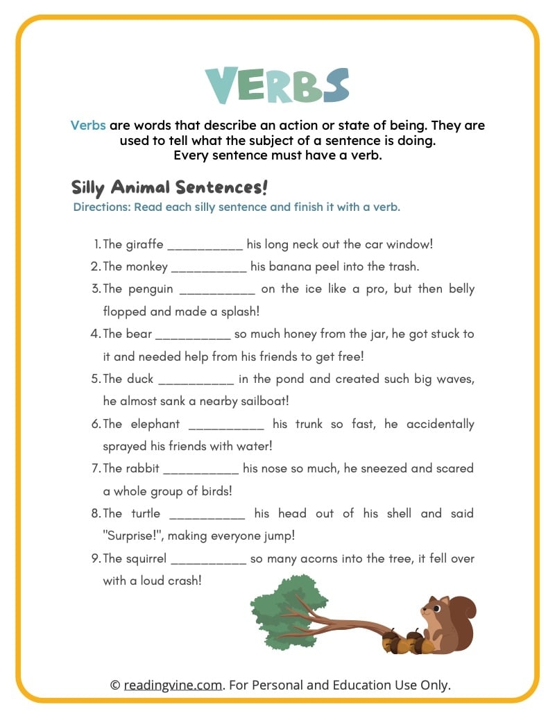 Verbs Worksheets ReadingVine Action Words Worksheets Grade1to6