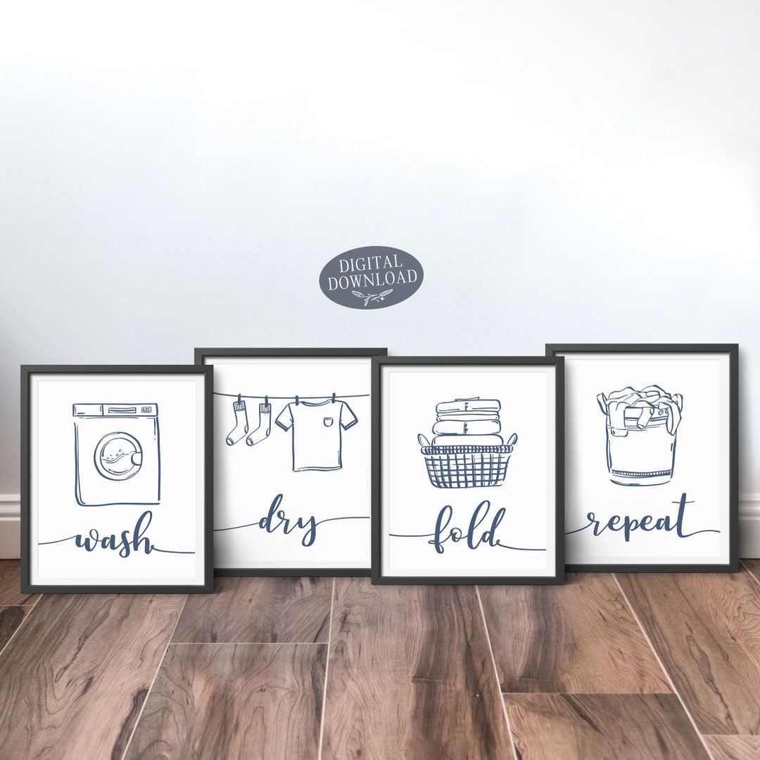 Wash Dry Fold Repeat Laundry Room Decor Navy Blue Printable Wall Art Washing Sign Set Of 4 Prints For Utility Room Digital Download Etsy