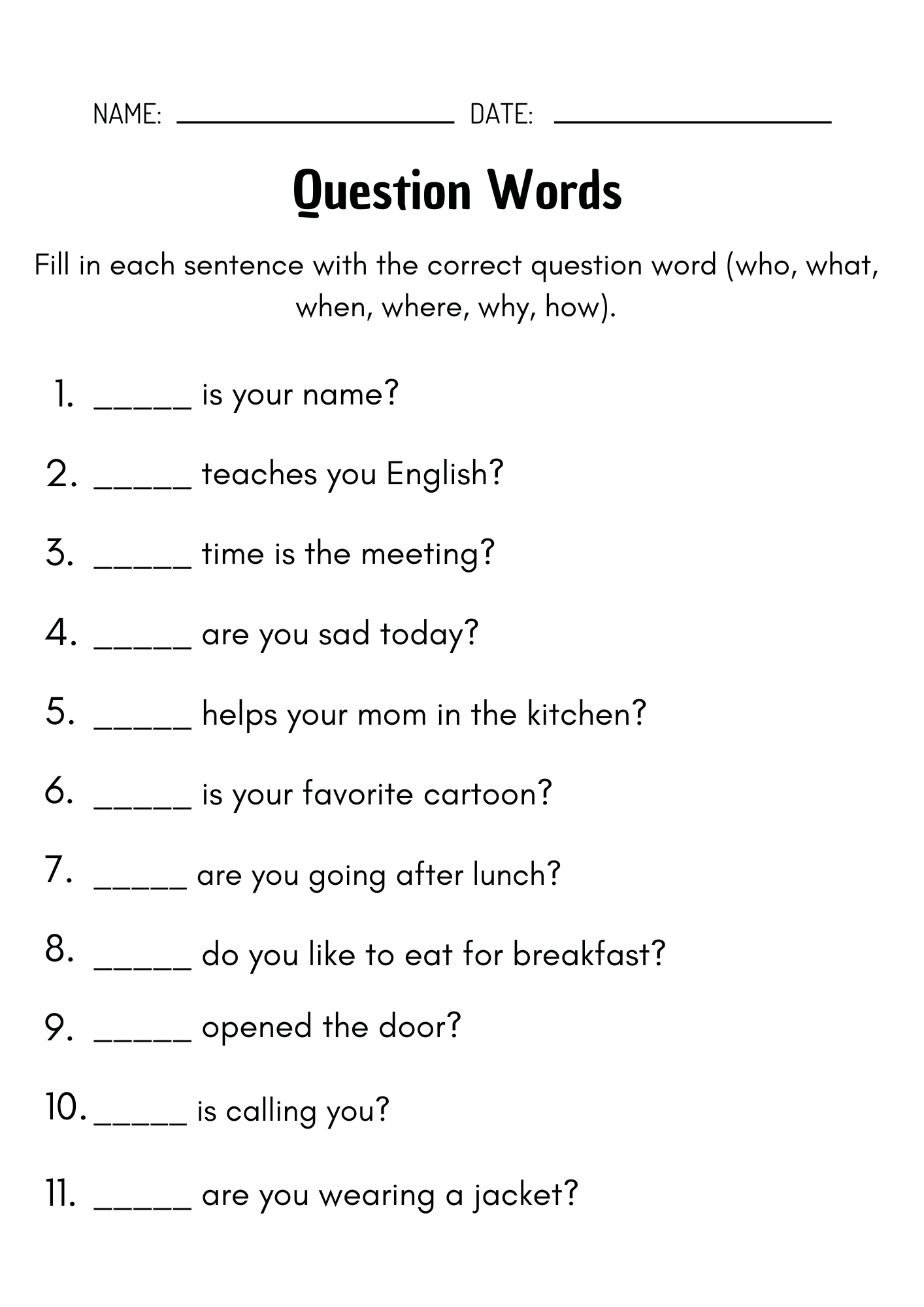 Who What When Where Why How Wh Question Word Worksheets Teaching Resources