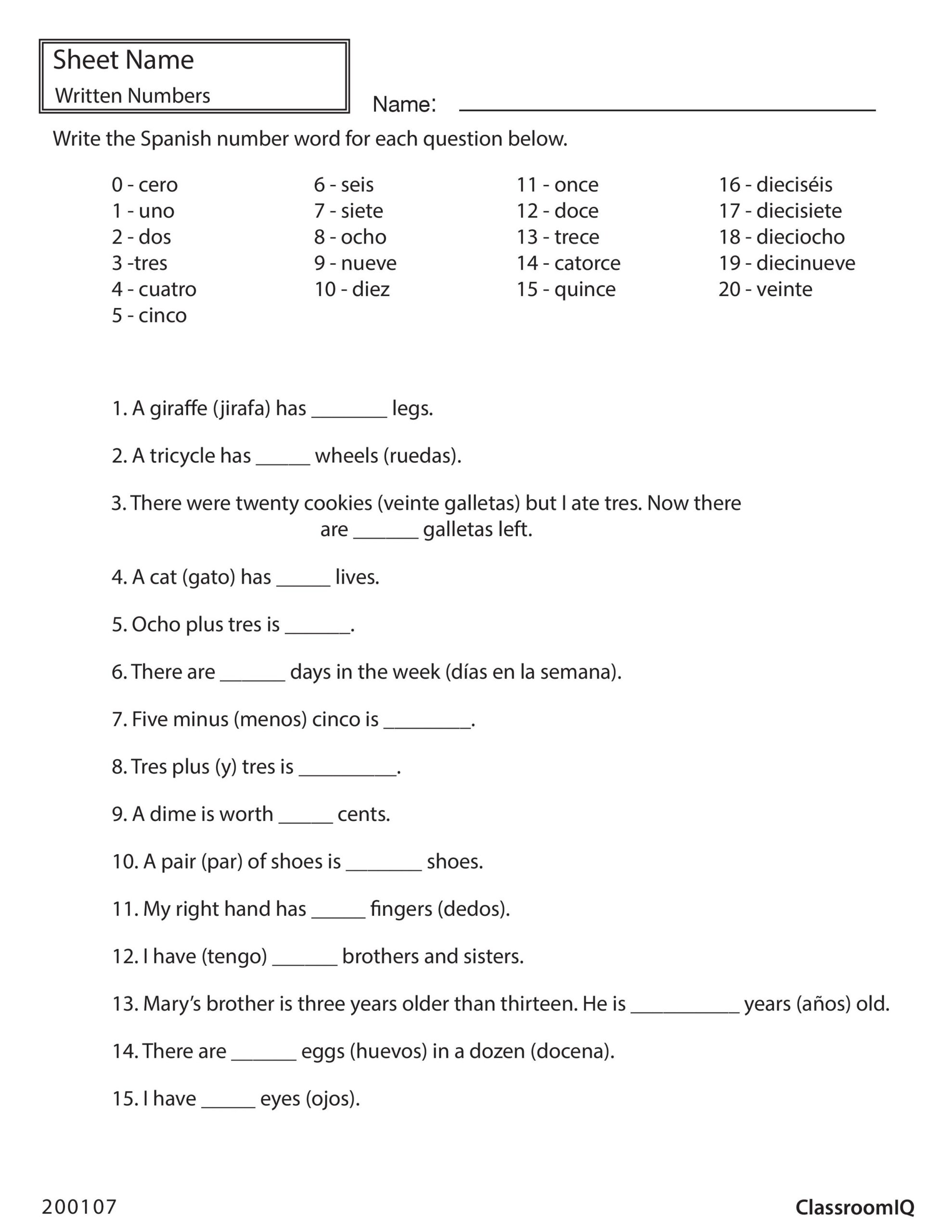 Write The Spanish Number For Each Question Spanishworksheets Worksheets Library